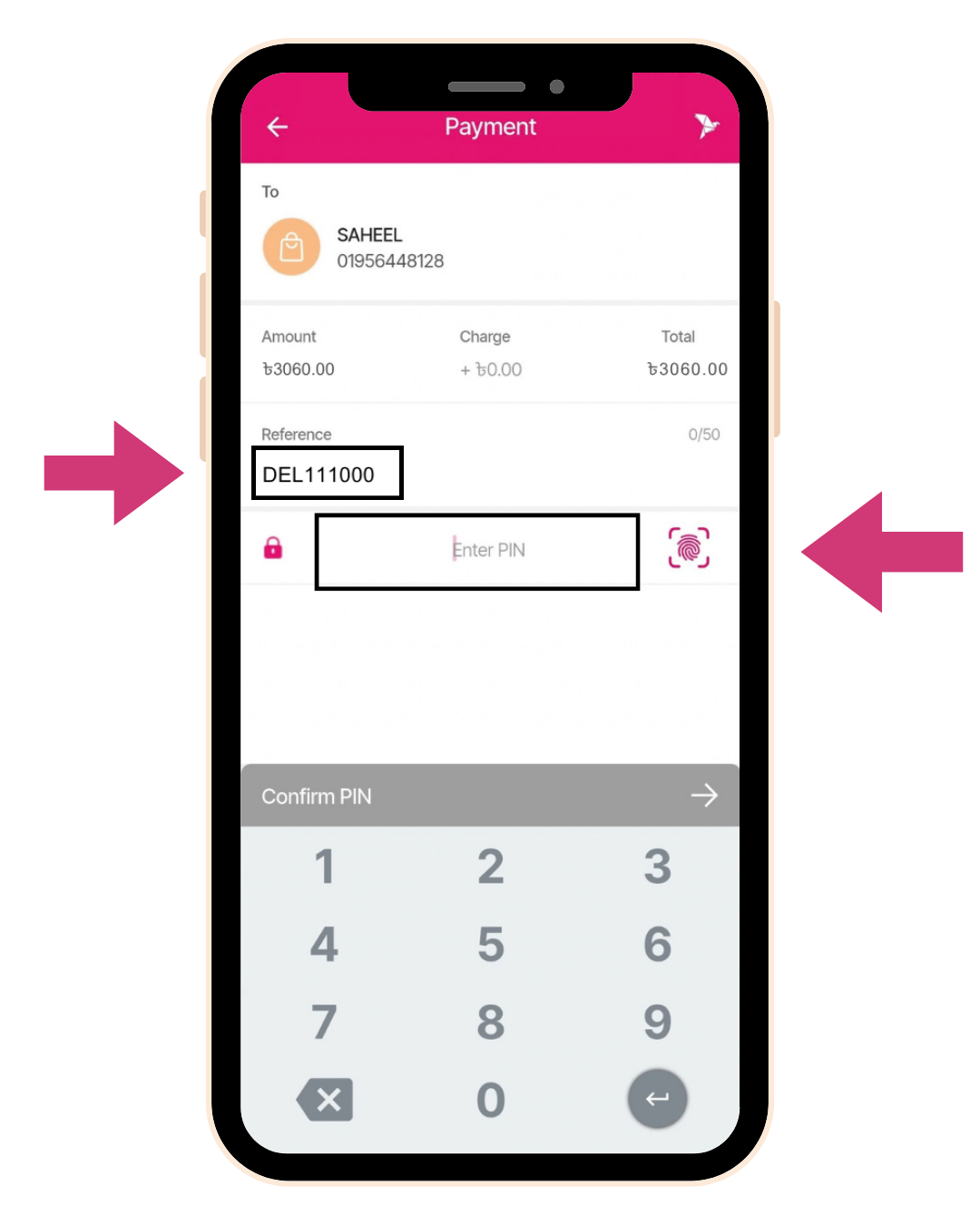bKash reference field with delegate ID and PIN entry