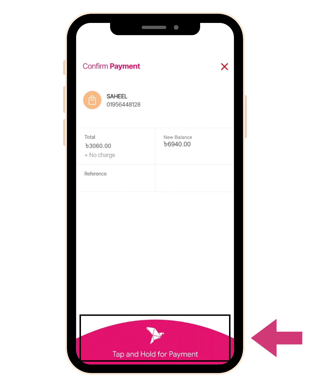 bKash payment confirmation with tap-and-hold button