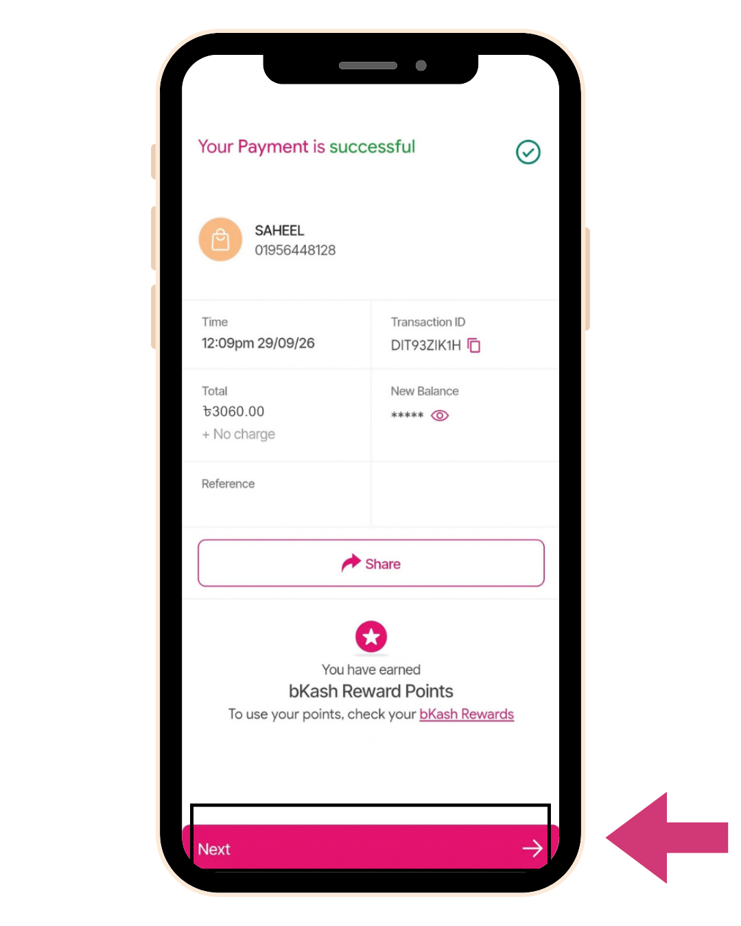 bKash payment success screen with transaction ID